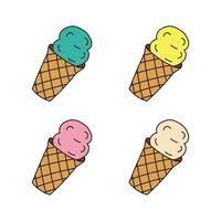 Ice cream in waffle multi colored options. Vector illustration doodle style. Refreshing frozen ice.