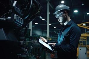 ingeniero con tableta computadora a fábrica lugar de trabajo. industrial trabajador control S operación de robótico producción línea. creado con generativo ai foto