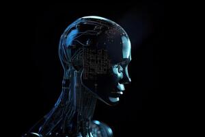 Visualizatipon of human consciousness in artificial intelligence, process of thinking robot. Humanoid android on dark background with neurals connection. Created with photo