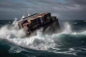 destrozado carga Embarcacion con contenedores en Tormentoso mar con grande ondas. generativo ai foto