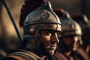 retrato de romano soldado. antiguo guerrero en batalla. creado con generativo ai foto