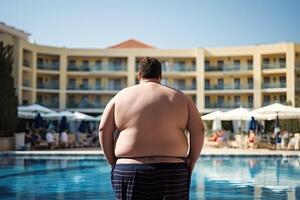 Fat man at summer vacations near swimming pool. Obesity problem. photo