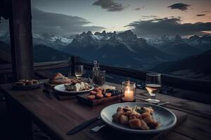 Romantic dinner with view of mountain at sunset. photo