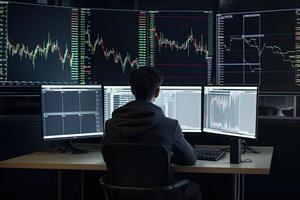 Trader at workplace analising stock exchange graphs. photo