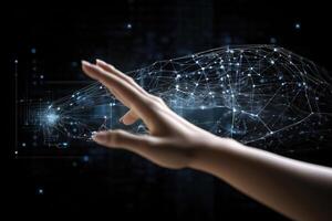 Hand touching digital data network. Communication with artificial intelligence. photo