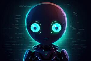 Visualization of robot assistant or chat bot on web site. Cute robot with big eyes on dark background. Created with photo