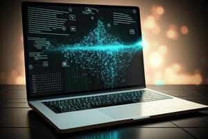 Digital data and network connection on laptop screen. Big data analysis. Network information and data protection concept. Created with photo
