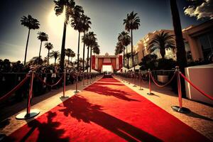 rojo alfombra para premios ceremonia. lujo Entrada para VIP estrellas. creado con generativo ai foto