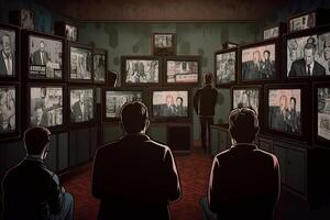 People watching a lot of retro televisions. Propaganda and fake news concept. Politicians manipulate society with help of public television. Created with photo