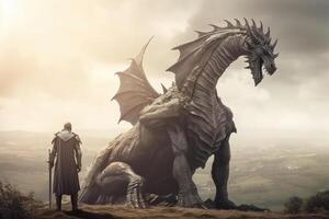 Man stands in front of huge dragon, fantasy world. photo