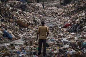 Mam standing in a huge dump with a lot of plastic waste and various used garbage. Environmental pollution concept. Created with photo