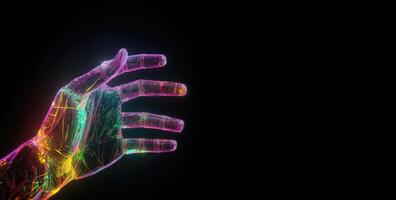 artificial inteligencia mano en oscuro antecedentes. digital holograma futurista concepto. generativo ai foto