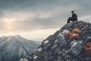 Mam sitting on top of huge dump with a lot of plastic waste and various used garbage. Environmental pollution concept. Created with photo