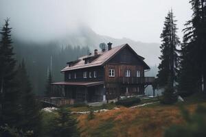 cabaña en naturaleza. presentar en montañas. generativo ai foto