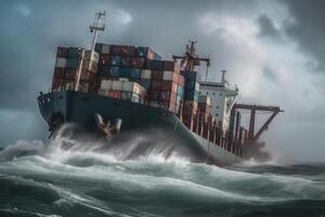 Wrecked cargo ship with conatiners in stormy sea with large waves. photo