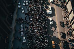 protestando personas de marcha a ciudad, aéreo vista. social problemas en sociedad, dificil para derechos. protesta activistas multitud con levantamiento puños y pancartas creado con generativo ai foto