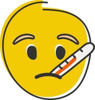 Thermometer in mouth emoji. Sick emoticon with high fever. Hand drawn, flat style emoticon. vector