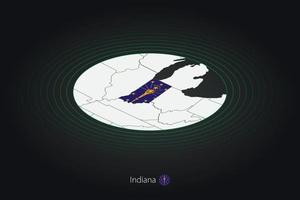 Indiana map in dark color, oval map with neighboring US states. vector