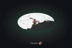 Maryland map in dark color, oval map with neighboring US states. vector