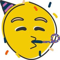 Partying emoji. Emoticon with party horn and hat. Hand drawn, flat style emoticon. vector