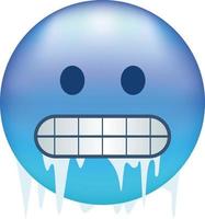 frío emojis congelación emoticono, glacial azul cara con triturado dientes, carámbanos y nieve gorra vector