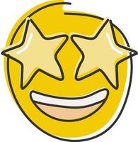 Starry eyed emoji. Golden stars for eyes excited emoticon with open smile. Hand drawn, flat style emoticon. vector