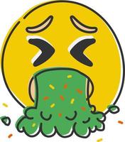 Vomiting emoji. Emoticon throwing up, yellow face with X-shaped eyes spewing green vomit. Hand drawn, flat style emoticon. vector