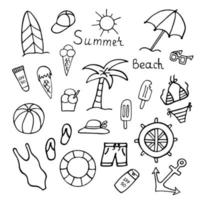 Set of summer beach elements in hand drawn doodle style. Monochrome vector illustration isolated on white background. Collection of things for vacation.