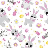 Easter seamless pattern with flowers, butterflies, rabbit and eggs. Spring cute repeating textures. vector