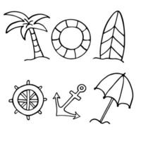 Set of summer beach elements in hand drawn doodle style. Monochrome vector illustration isolated on white background. Collection of things for vacation.