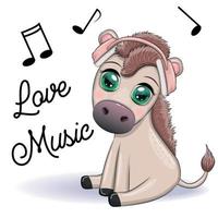 Donkey in headphones listens to music. I love music, cute character vector