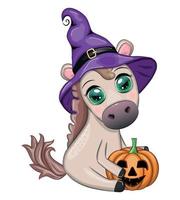 Cute horse, pony in a purple witch hat, with a broom, pumpkin, potion. Halloween card for the holiday vector