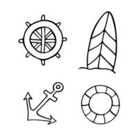 Set of summer beach elements in hand drawn doodle style. Monochrome vector illustration isolated on white background. Collection of things for vacation.