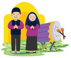 cute boy and girl moslem celebrating eid mubarak with bedug drum percussion cartoon vector illustration