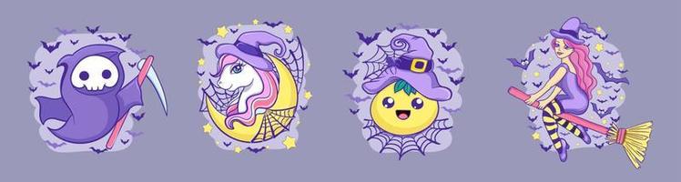 Happy Halloween character set with Cute Funny Unicorn, Bats, Pumpkin and witch. vector