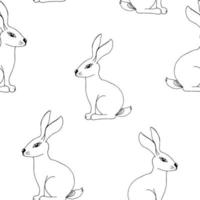 Simple hand drawn seamless vector doodle pattern. Rabbit, hare black outline on a white background. For the design of packaging, fabric, spring-summer season, Easter. Forest animal.