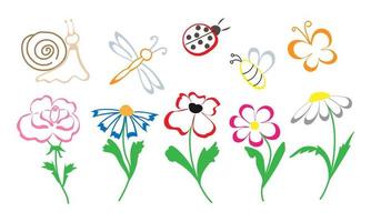 vector illustration doodle illustration of summer flowers and insects