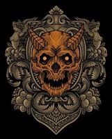 Illustration of demon skull head with vintage engraving ornament in back perfect for your business and Merchandise vector