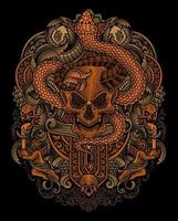 Vector illustration. demon skull with snake vintage engraving ornament style perfect for your business and  T shirt merchandise
