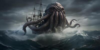 kraken o cthulhu ataque en Embarcacion en el océano, ai generado foto