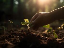 hand holding young plant in sunshine and green nature background, photo