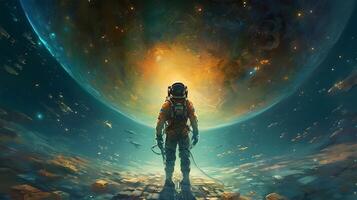 astronaut floating in the vastness of the universe, full of stars, detailed depiction of nature. photo