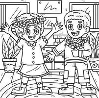 Juneteenth Children with Flowers Coloring Page vector