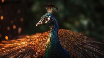 elegante vistoso retrato de un pavo real a puesta de sol. ai generado foto