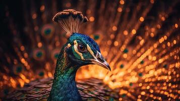 Elegant colourful portrait of a peacock at sunset. photo