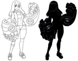 Anime Girl Line Art and Silhouette vector