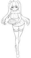 Anime Girl With Birthday Cake Line Art vector