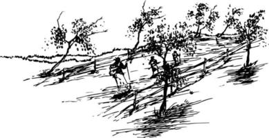Sketch of a group man hiking on the top of mountain vector