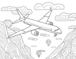 Hand drawing coloring for kids and adults. Beautiful drawings. Coloring book pictures with plane, aircraft, clouds. Wild nature, sea, mountains, air balloons. Romantic beautiful view. Coloring book vector