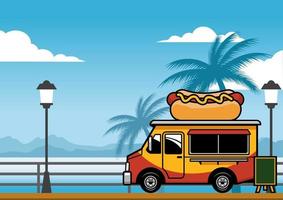 food truck selling hot dog on the beach vector